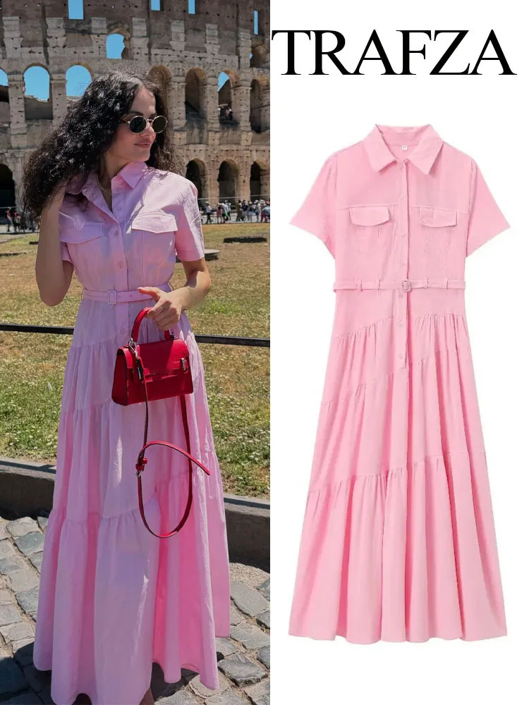 TRAFZA Women Fashion Long Dresses Solid Turn-Down Collar Short Sleeves Belt Single Breasted Female Summer Elegant Dress 2 Color 241227