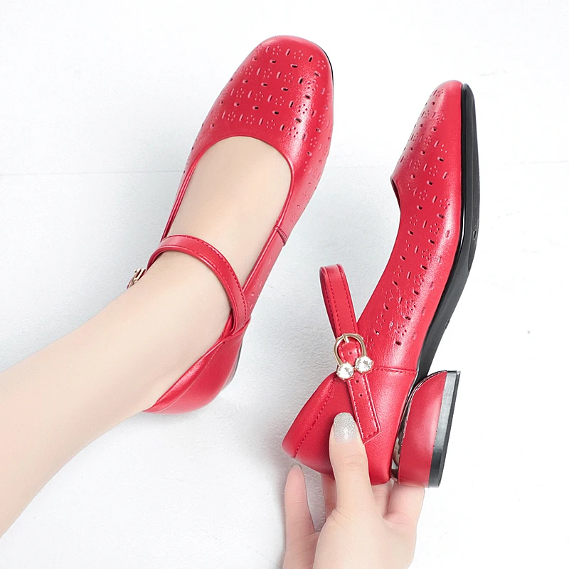 AIYUQI Mary Jane Shoes Women Red Openwork Spring Summer Women Dress Shoes Large Size Fashion Genuine Leather Women's Shoes