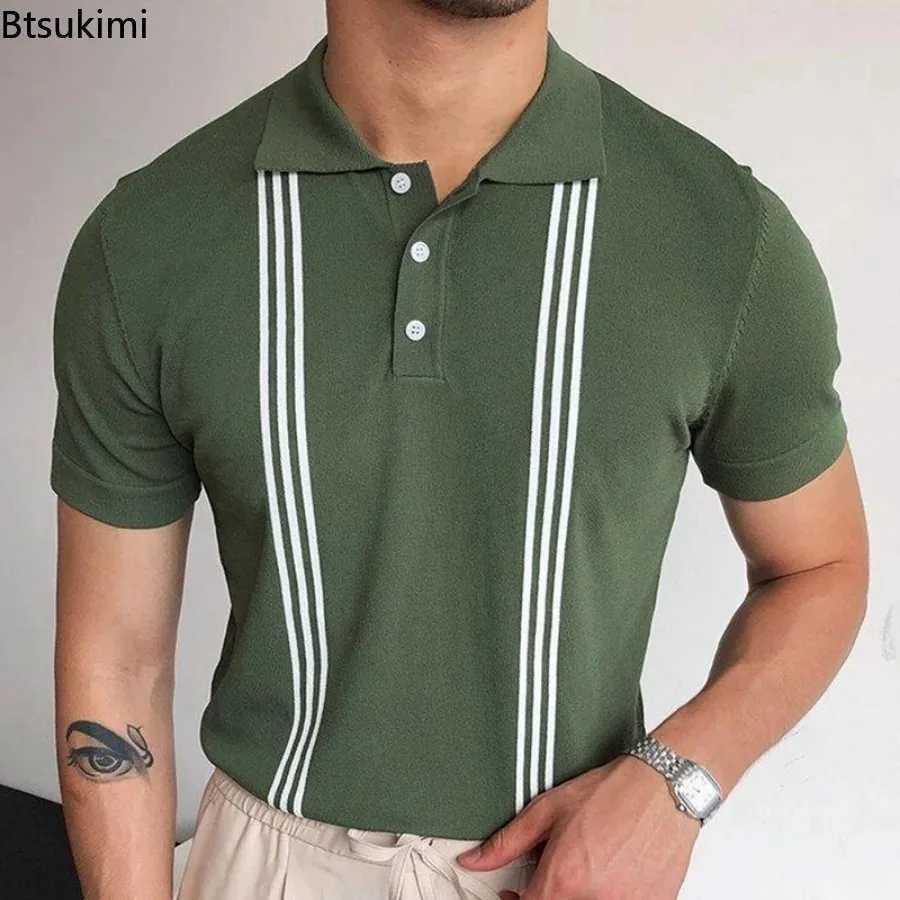 Hot Sale Mens Summer Clothes Luxury Style Slim Green Stripe shirt Shirts Male Knitted Short Sleeve shirt T shirts Mens Shirts X241228