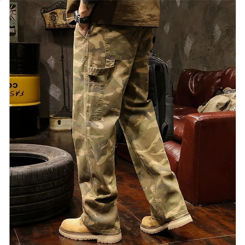 Camouflage Safari Style Jeans Men Autumn Chic High Street Loose Straight Trousers Wide Leg Casual Harajuku Pockets Painted Pants 241226