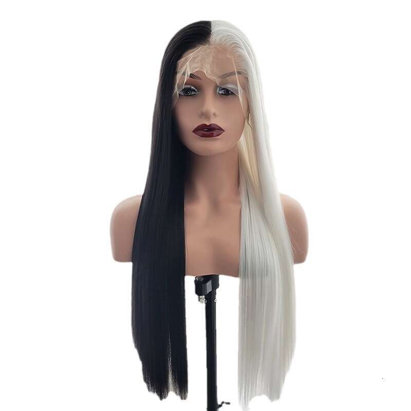 13 * 4 Front Lace Wig, Women's Black And White Double Splicing Yin-Yang Head, Split Long Straight Hair, Synthetic Full Head Cover Cosplay Wig Kq2