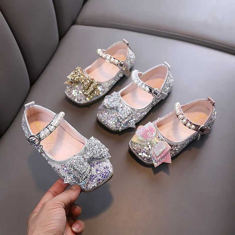 New Childrens Apartment Fashion Glitter Childrens Wedding Par Mary Jane Shoes Pearl Bow Girl Princess Leather Shoes W241228