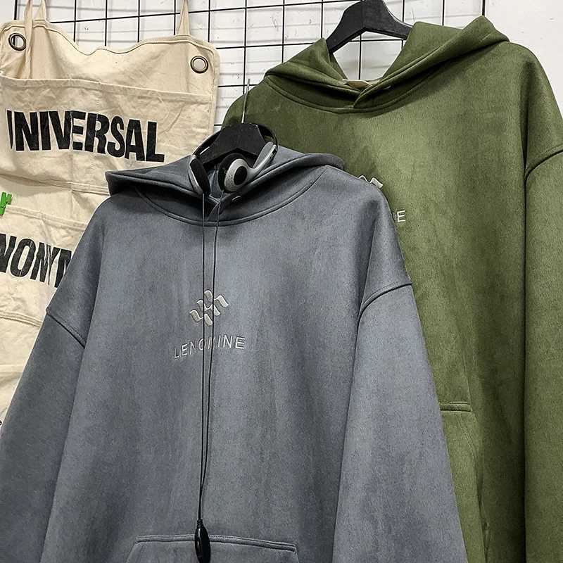 Embroidered Suede Hooded Sweatshirt Mens Fall Winter Fashion Street Pullover Hoodie Tide American Retro Hoodie Unisex Clothing X241228