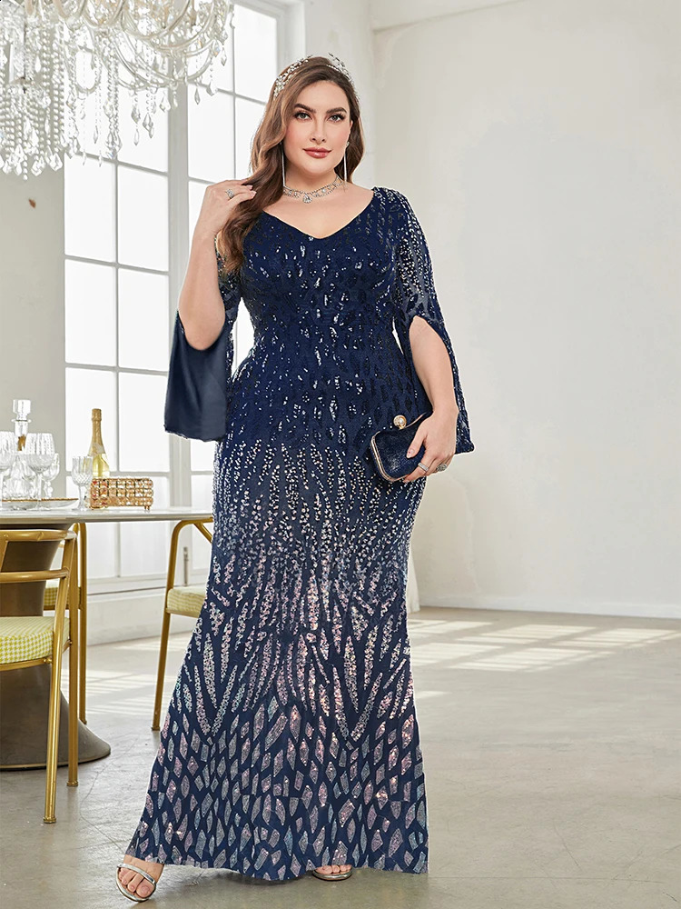 XUIBOL Plus Size Elegant Sequin Blue Evening Dress Women Formal Maxi Prom Long Sleeves Party Dress Cocktail Dress 241220