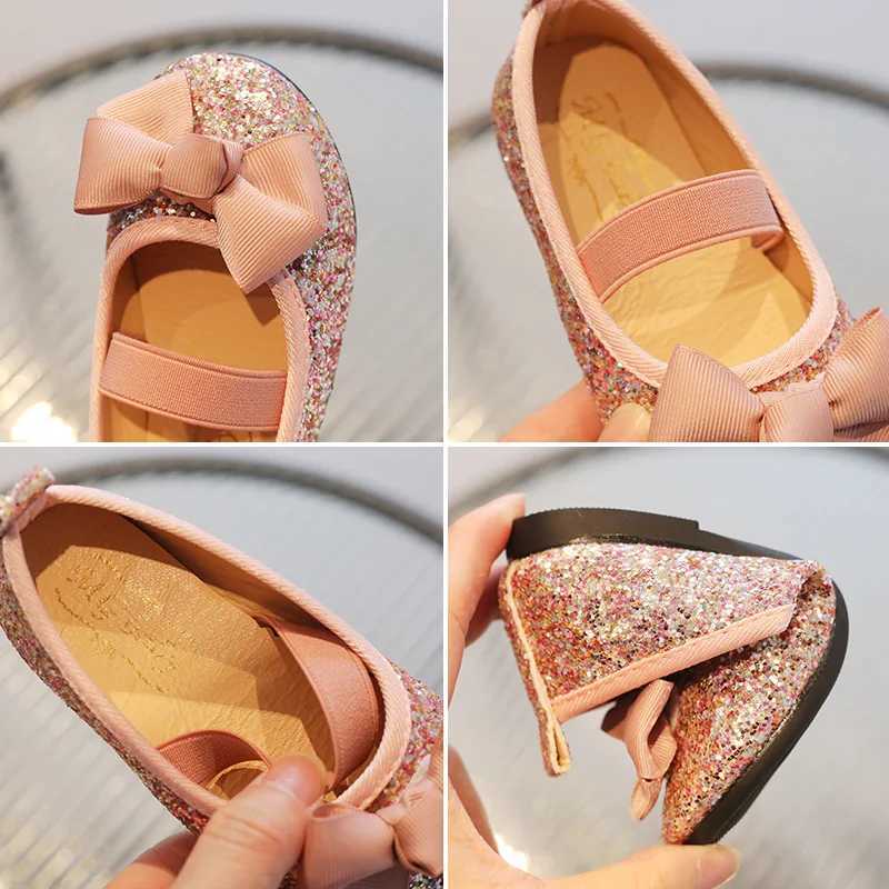 Bling Girls Shoes Spring Autumn Childrens Shoes Girls Bow Knot Ballet Apartment School Par Preschool Girls Shoes Pink Silver W241228
