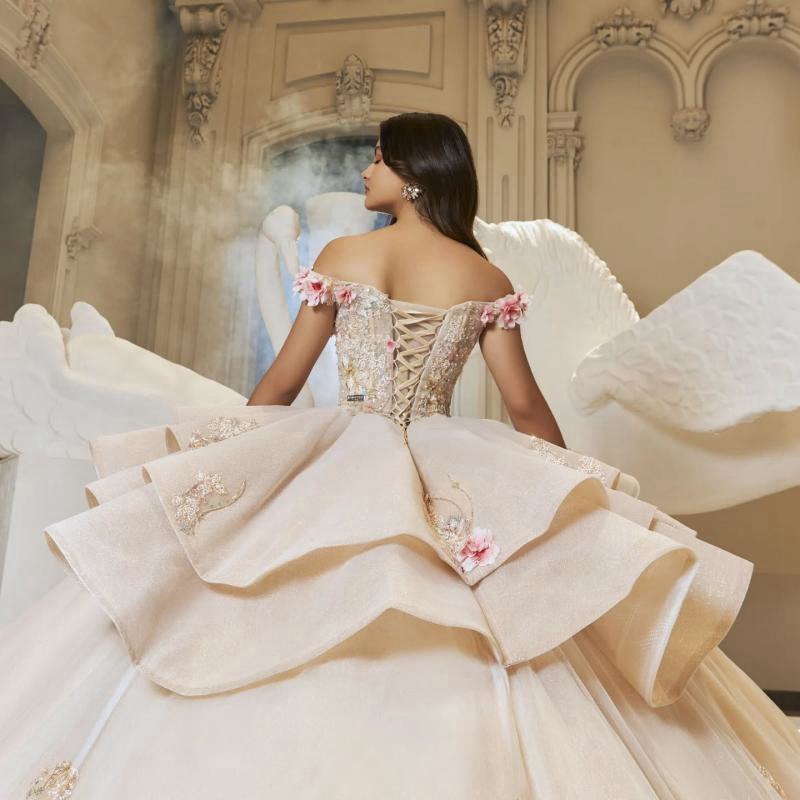 Champagne Quinceanera Dresses Ball Gown Off The Shoulder Applique Flower Beading Tull Corset Party Birthday Sweet 16 Vestido De 15 Anos