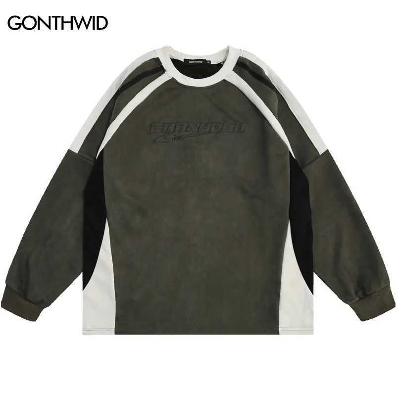 Harajuku Suede Sports Shirt Hip Hop Retro Embroidery Patchwork Long Sleeve Shirts 2023 Fashion American Style Loose Shirt Tops X241228