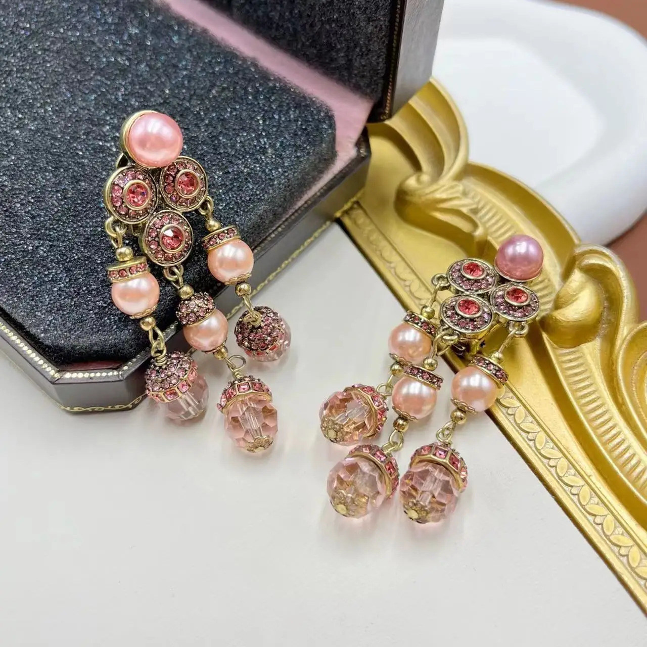 Tassel glass crystal beads middle vintage sweet and cute pull down girls dream fashion pink ear clips 241226