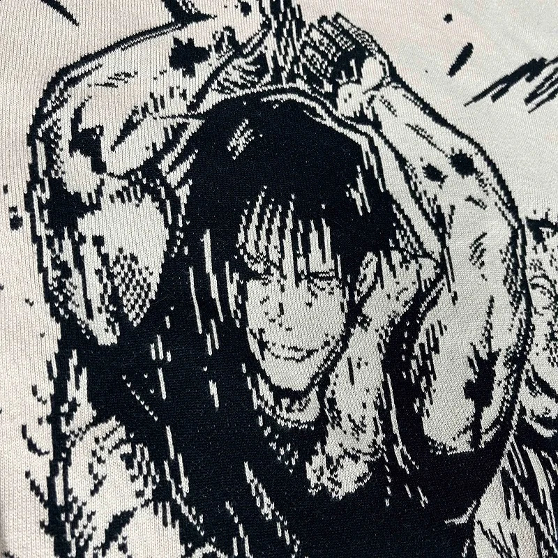 Womens Knitting Gothic Anime Print Pattern O Neck Pullover Sweater Streetwear Girls Oversized Harajuku Knitwear Mens Y2k 241223