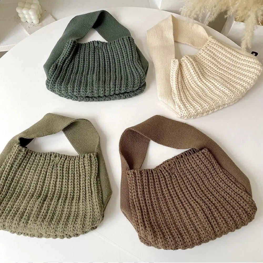 Handmade Knit Handbag Women Mini Knot Wrist Bag Fashion Casual Color Tote Bag Student Reusable Shopping Bags 241227