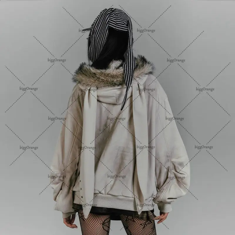 American Street Style Fur Collar Clothing Fashionable Bunny Ears Hoodie Y2k Harajuku Classic Pocket Decorated Zipper Sweatshirt 241227
