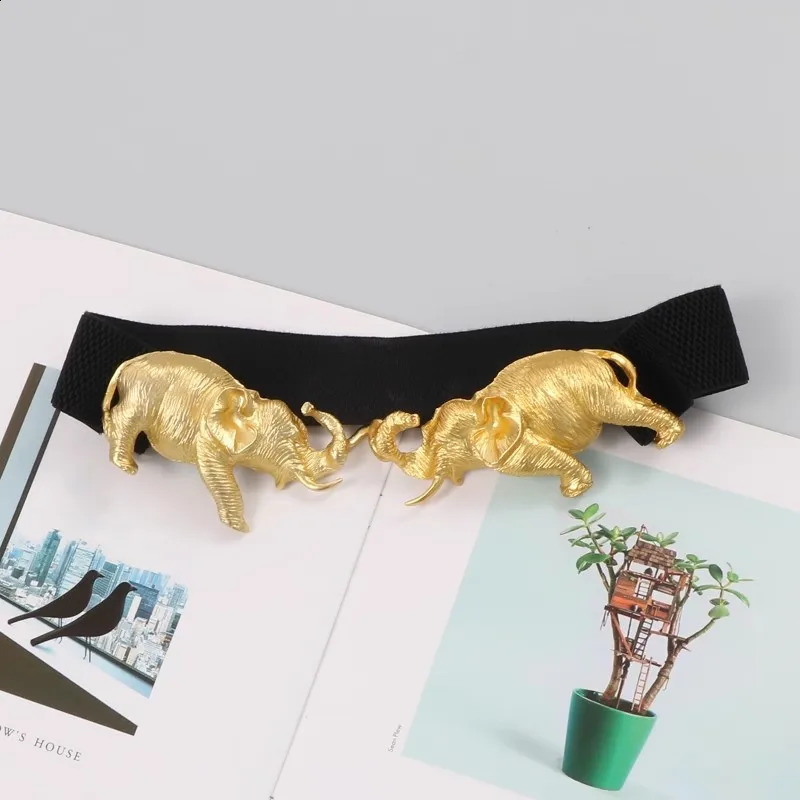 Womens Fashion Black Genuine Leather Gold Elephant corset Female Cummerbund Coat Waistband Dress Decration Wide Belt J006 241227