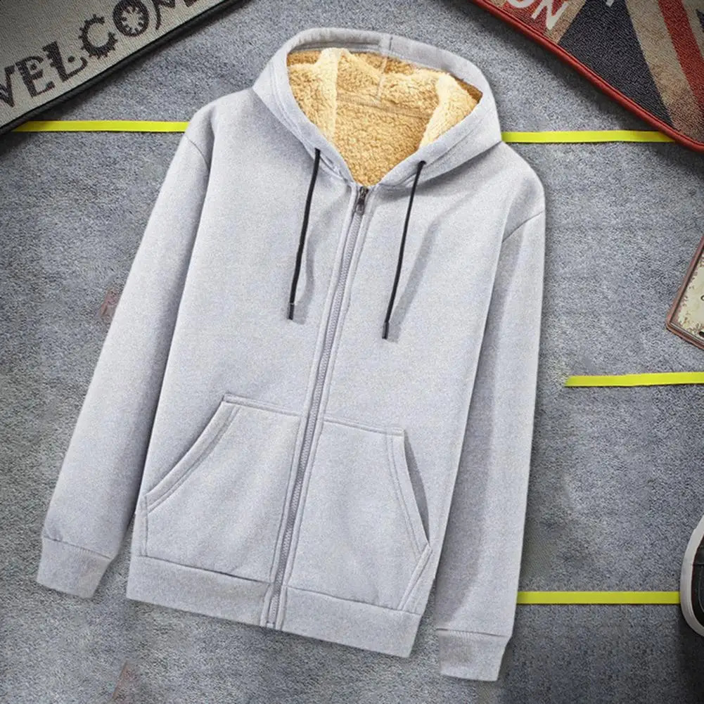 Men Winter Coat Thick Soft Plush Hooded Zip Up Cardigan Sweatshirts Solid Color Drawstring Pockets Casual Jacket Clothes 241223