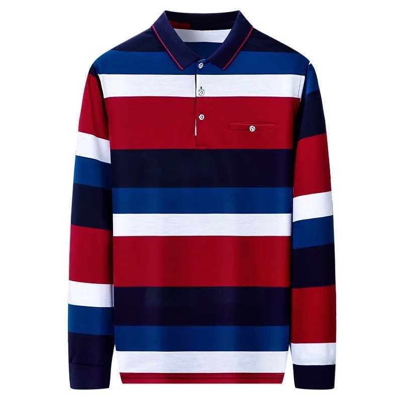 2023 Spring and Autumn Mens Stripe Contrast shirt Collar Button Pocket Pullover Fashion Casual Long Sleeve Tee T-shirt Tops X241228