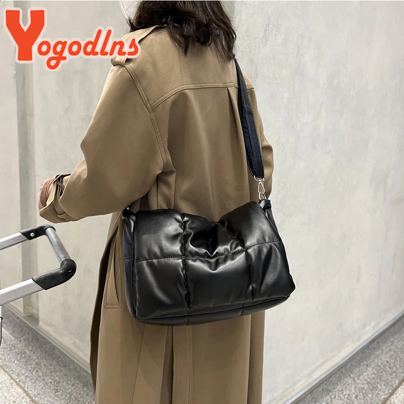 Yogodlns Winter Space Cotton Down Shoulder Bag Female Leather Flap Crossbody Bag Large Capacity Padded Messenger Handbag Bolsa 241227