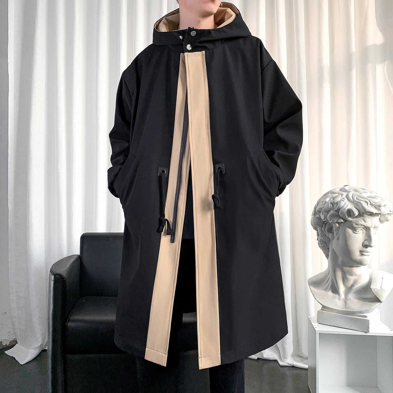 Mens Long Windbreaker Hooded Trench Coat Contrasting Loose Oversized Jacket Patchwork Casual Top Zipper Waistband Male Clothing W241228