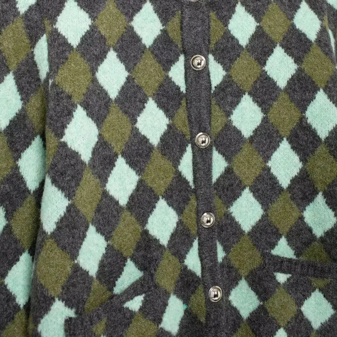 Autumn Arrival Womens Casual Versatile Diamond Pattern Jacquard Long Sleeve Round Neck Knitted Cardigan Coat 241227