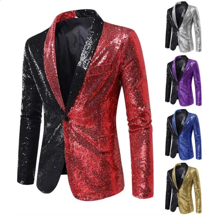 Shining gold sequin mens sports jacket slim fit patchwork mens suit nightclub party DJ stage singer dance show dress 241227