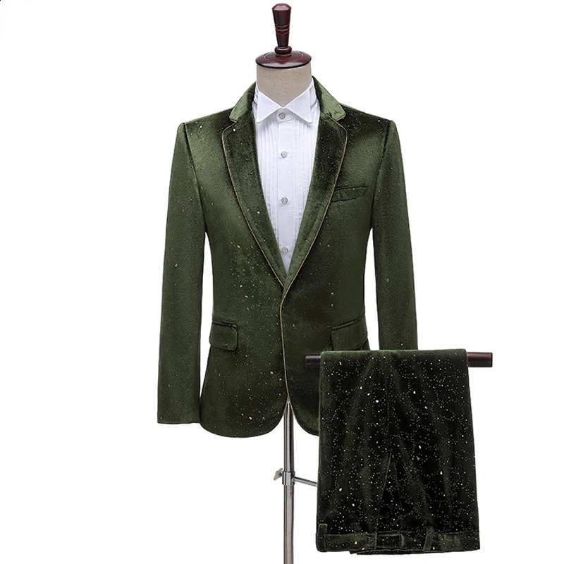 Green One Button Velvet Dress Suits Pants Men Slim Fit Mens Tuxedo Suit Dinner Party Wedding 241227