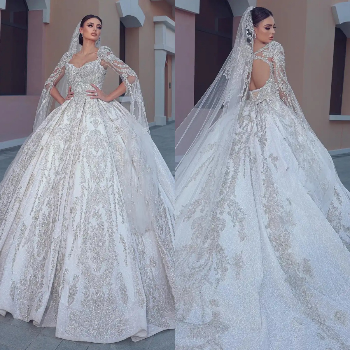 Princess Ball Gowns Wedding Dress With Veil Crystal Beaded Sweetheart Neck Bridal Dress Customized Backless Sweep Train Bride Gown