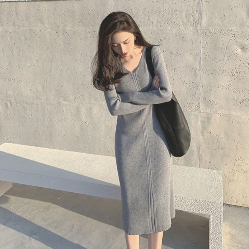 JC735 retro temperament new autumn and winter French 2024 knitted dress for women over the knee bottom v-neck