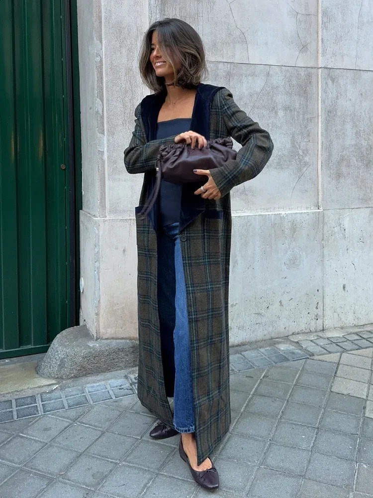 Fashion Plaid Velvet Lapel Overcoats Sleeve Pockets Warm Long Jackets Elegant Lady Single Button Street Outerwears 241227