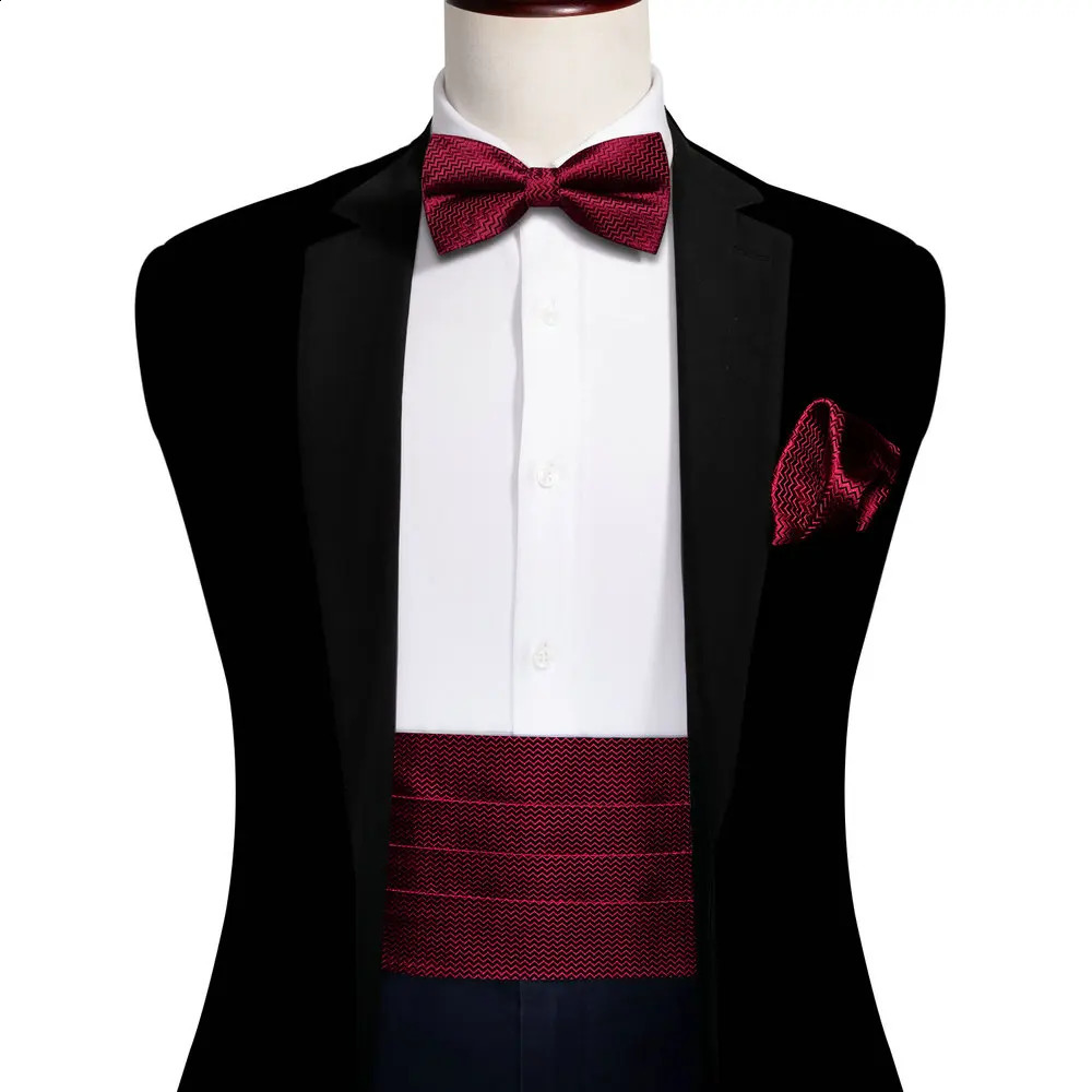 Elegant Wine Red Men Silk Cummerbund For Tuxedo Classic Wave Bowtie Pocket Square Cufflinks Sets Wedding Party Barry. Wang 1067 241227