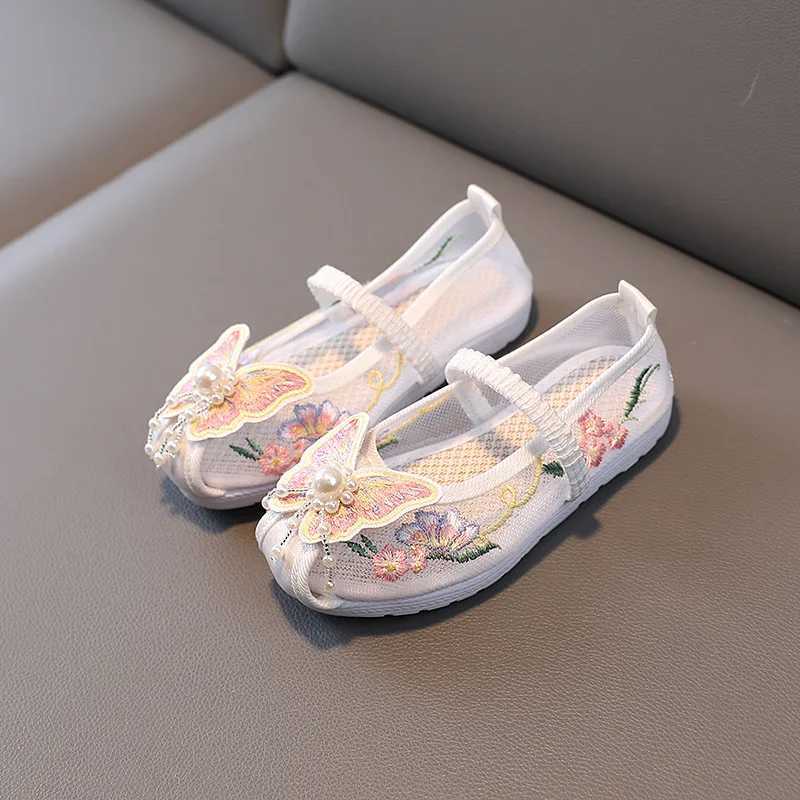 Hanfu Embroidered Shoes Baby Girls Vintage Chinese Sle Dance Shoes Butterfly Beading Mesh Ruffles Toddler Childrens Flats W241228