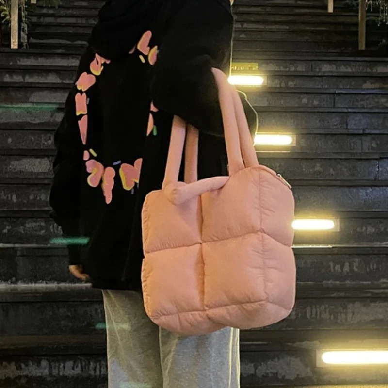 Puffy Shoulder Bag Women Quilted Space Cotton Down Feather Padded Large Capacity Handbag Winter Shopping Tote 241227