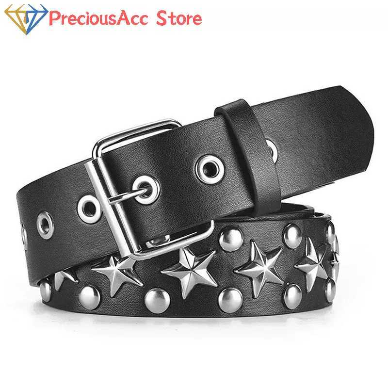 Rivet hollow bullet decorative strip fashionable womens leather stud gift mens Gothic rock wild adjustable womens punk black belt W241228