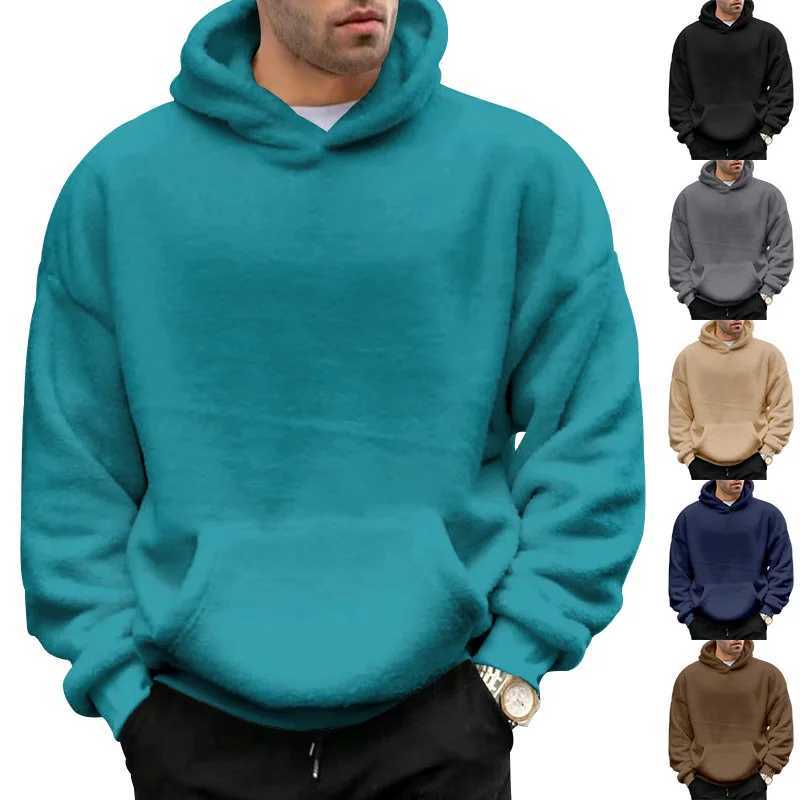 Autumn Winter New Fashion Hoodies Long Sleeve Solid Lamb Wool Sweatshirts Mens Clothing Casual Loose Pockets Korean Trend Tops X241228