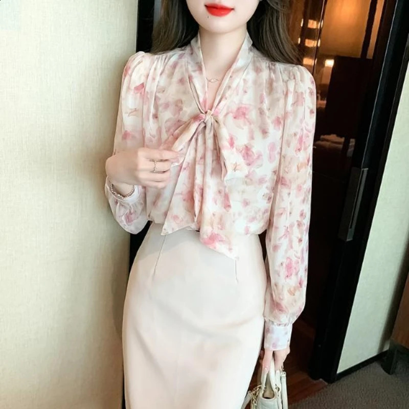 French Style Niche Floral Chiffon Blouse Women Spring Bow Tie Commuting Long Sleeved Allmatch Elegant Shirt 241228