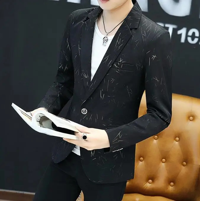 Autumn mens fashion printed mens casual business jacket mens slim fit suit jacket white mens thin jacket 241227