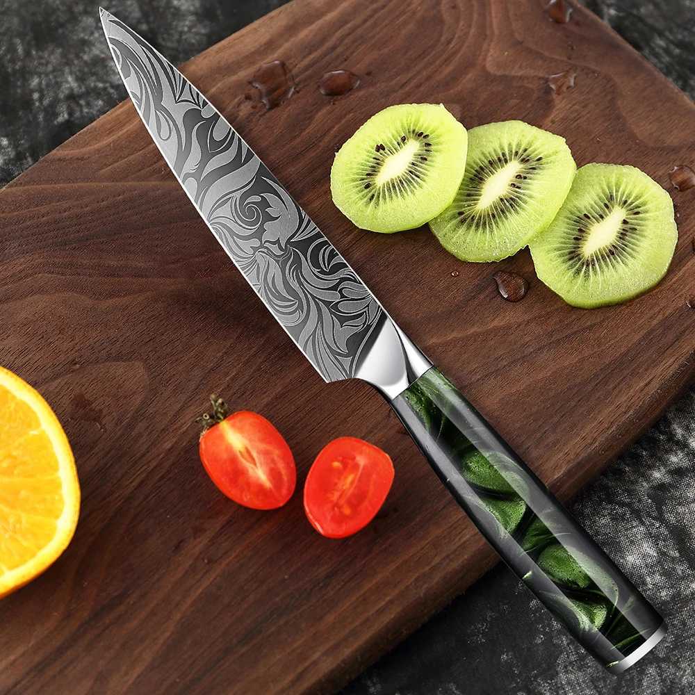 1-3Piece Japanese Kitchen Knife Set Green Resin Handle Laser Damascus Pattern Santoku KnifeParing Knifely Sharp Blades Y241227