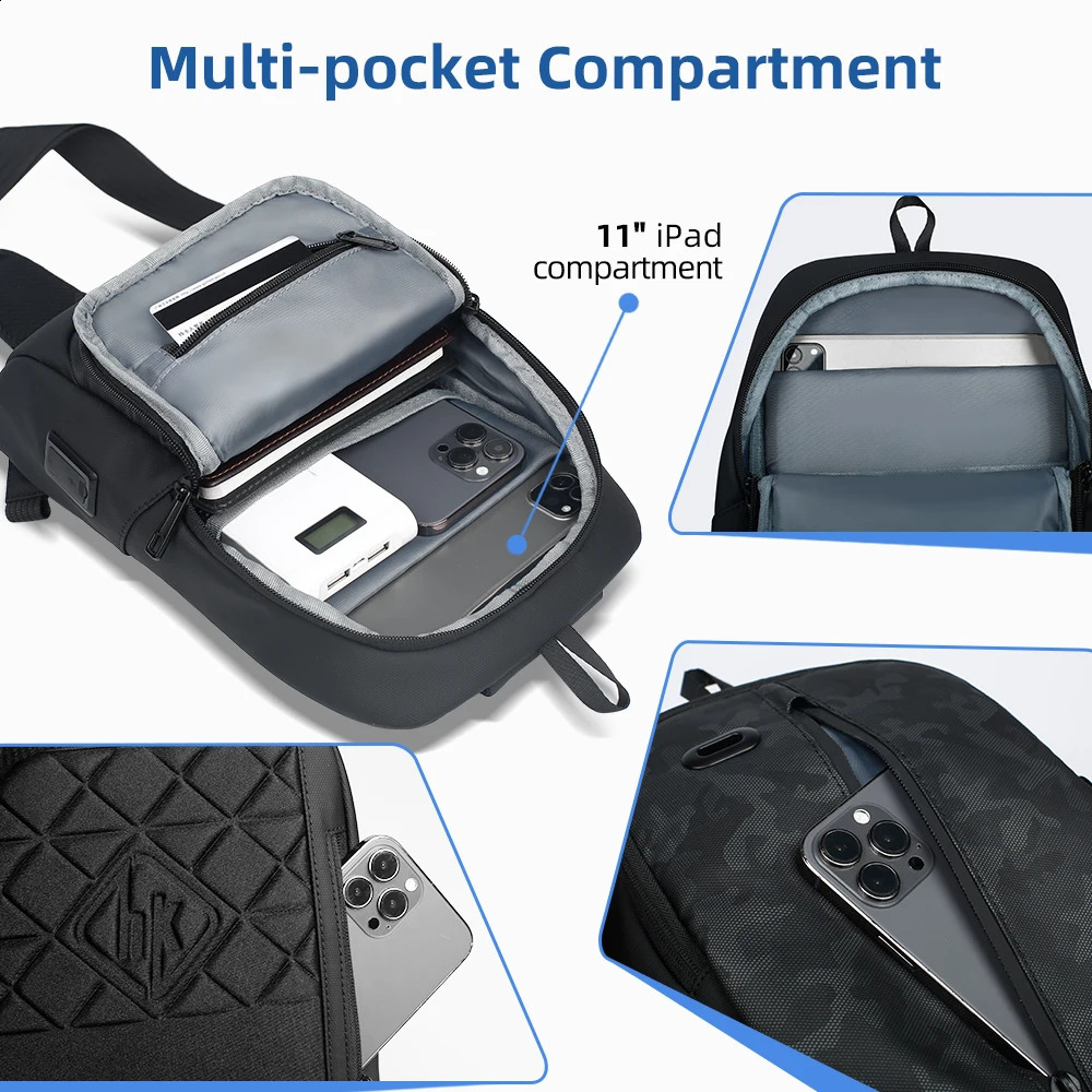 HK Chest Bag Men Anti-thief Crossbody Bag Waterproof Shoulder Bag With USB Charging Short Trip Travel Pack Bag For Male 7118 241228