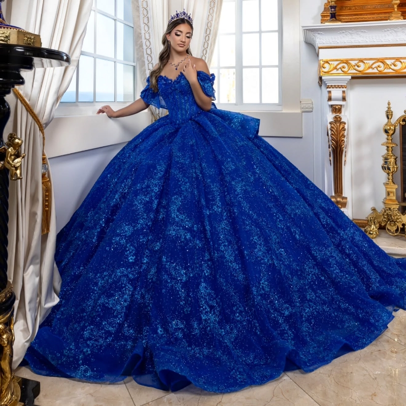Royal Blue Shiny Quinceanera Dresses Ball Gown Sequin Applique Lace Beading Crystal Tulle Lace-Up Party Princess Sweet 16 Dress Vestido De 15 Anos