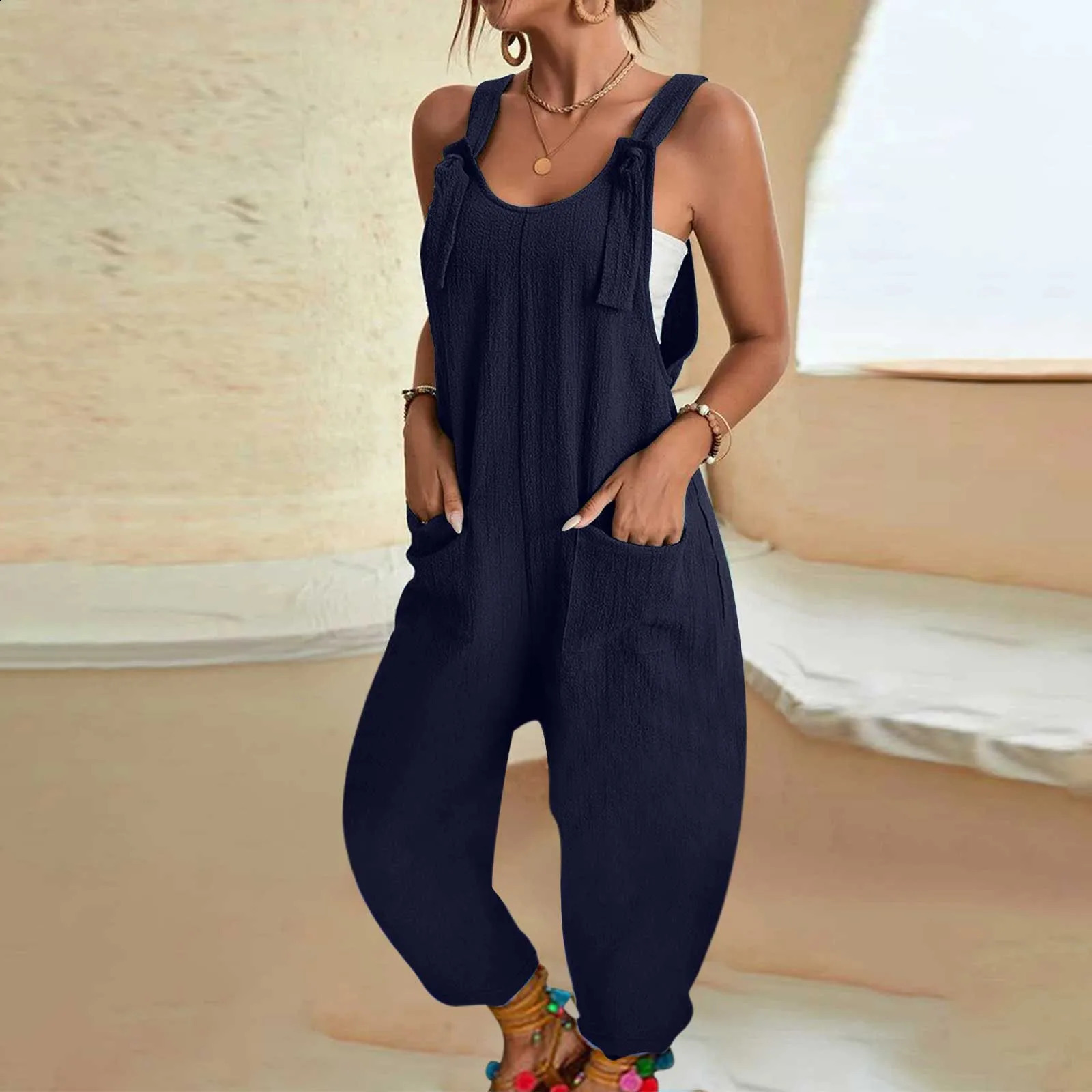 Women Tie Shoulder Overall Casual U Neck Sleeveless Jumpsuits Spaghetti Strap Baggy Overalls Harem Pants With Pocket Suites 241224