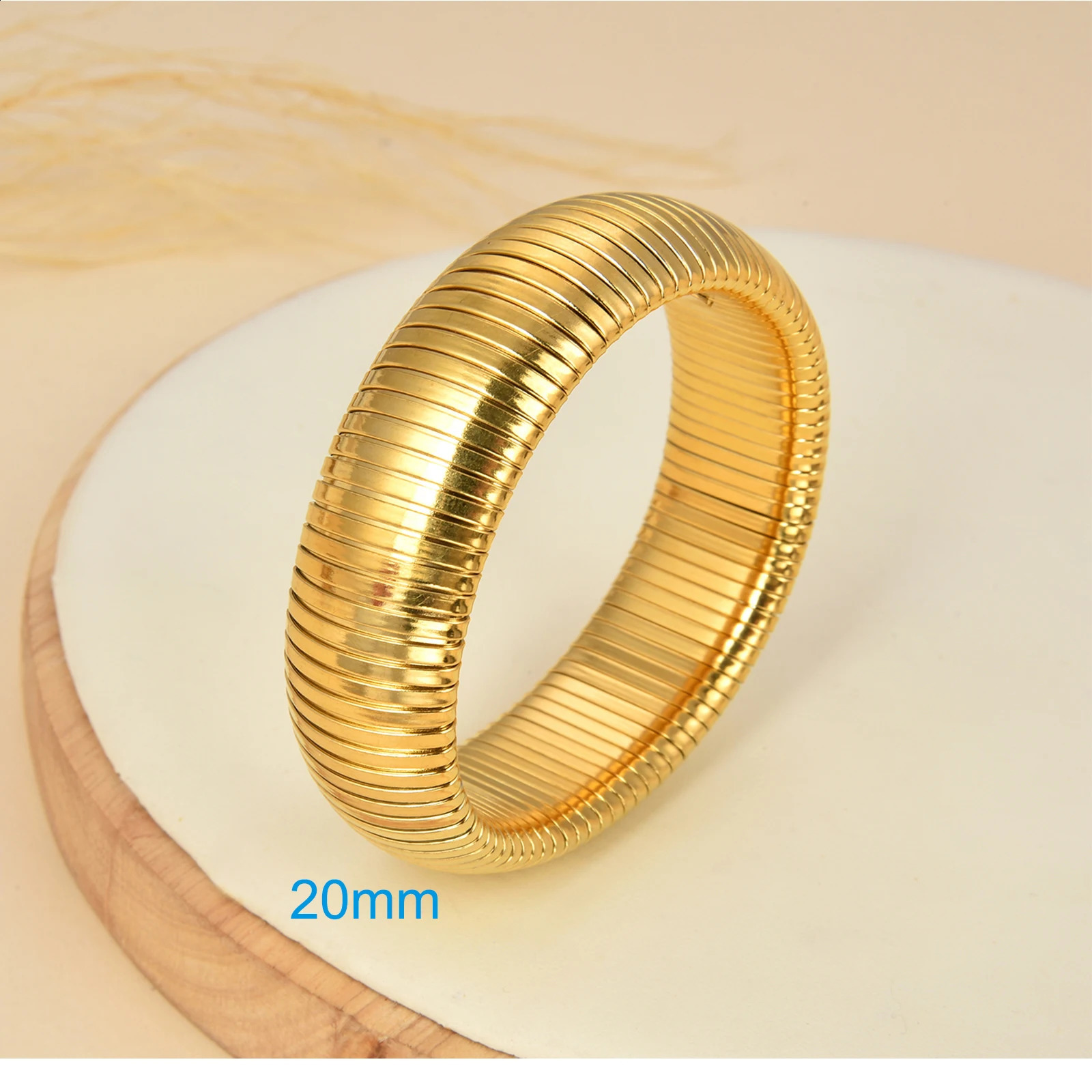 Gold Plated Stretch Snake Wide Bangle for WomenStainless Steel Tri-tone Interlocking Cobra stretchy Bracelet 20mm 241227