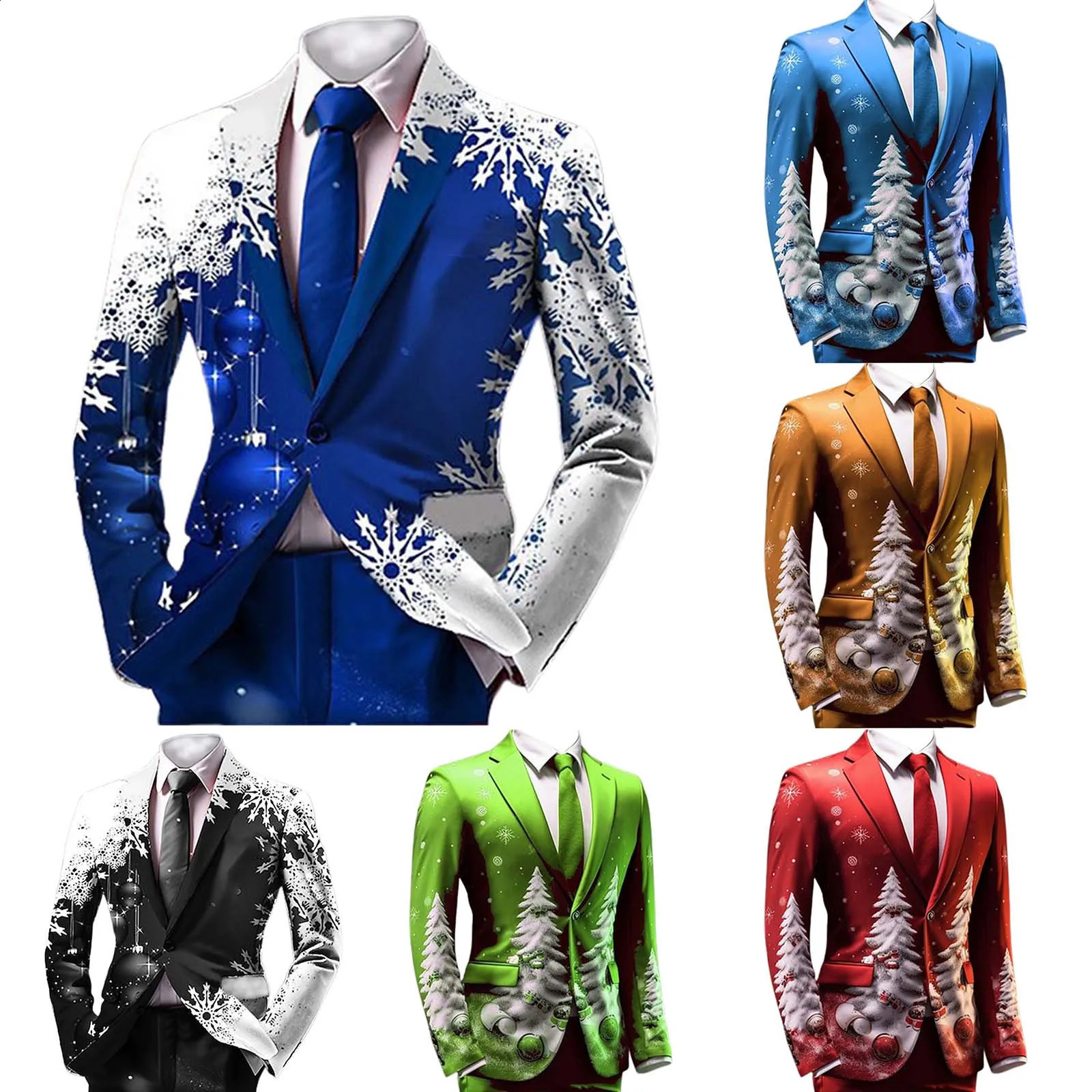 Snowflake print mens Christmas jacket single chest business casual slim fit set jacket outdoor party Christmas set men 241227