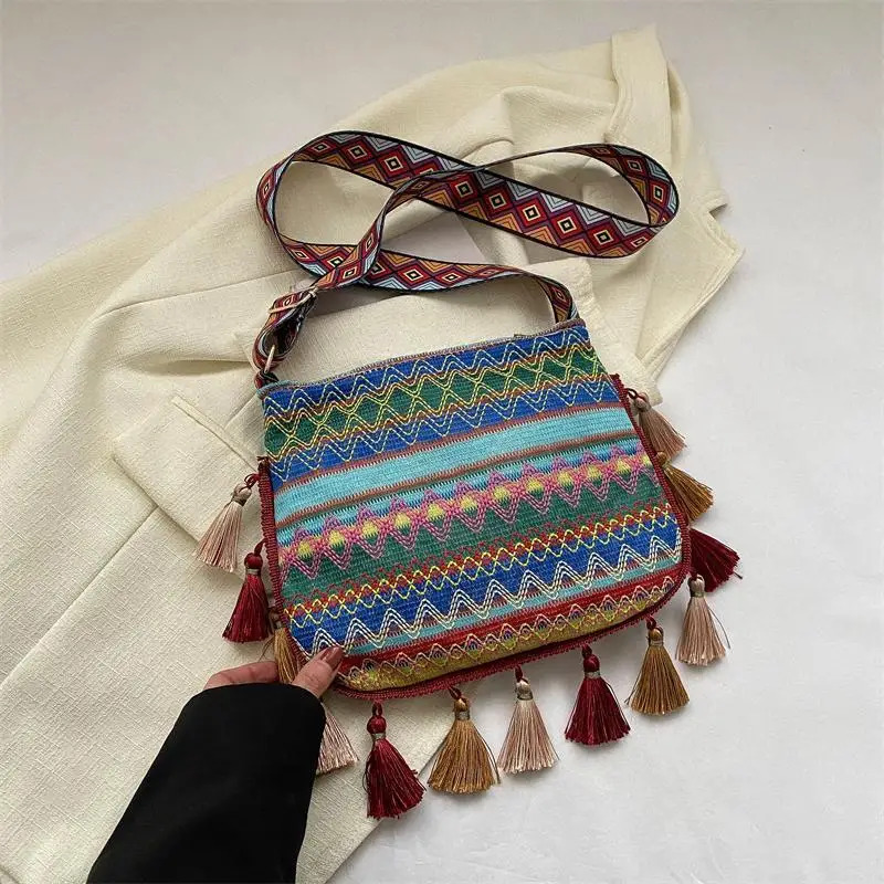 Women Ethnic Style Shoulder Bag Adjustable Strap Variegated Color Fanny Pack With Fringe Decor Casual Crossbody Sg Bags