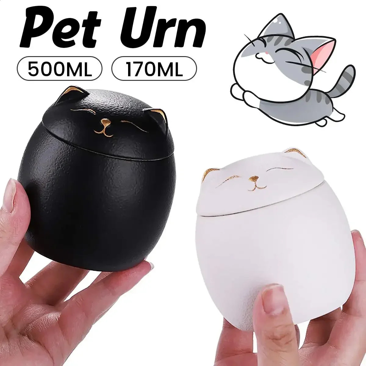 Black/White Urn 500ml for Pet Ashes Cat Shape Memorial Cremation Urns-Handcrafted Decorative Urns for Funeral Cat urn Dog urn 241225