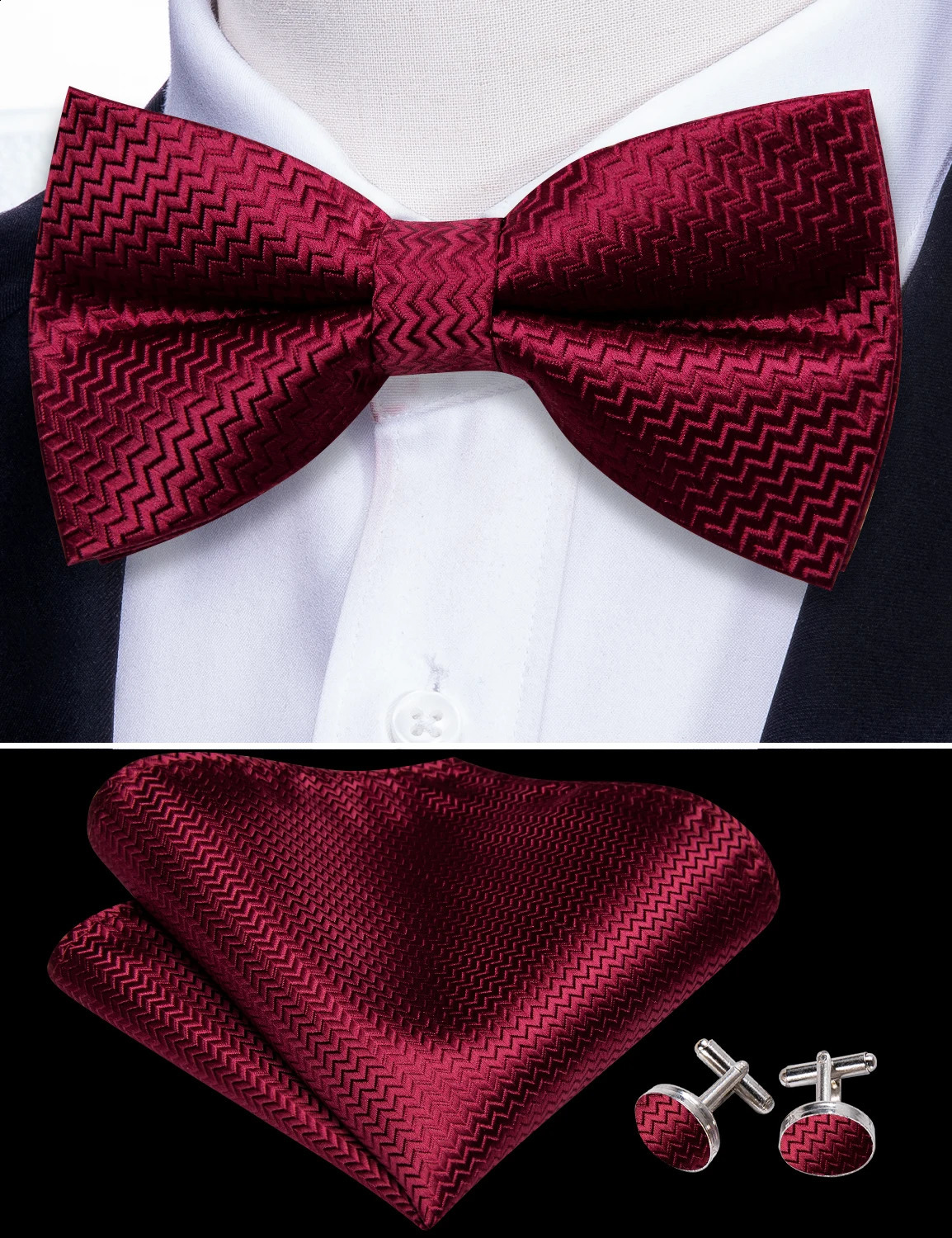 Elegant Wine Red Men Silk Cummerbund For Tuxedo Classic Wave Bowtie Pocket Square Cufflinks Sets Wedding Party Barry. Wang 1067 241227
