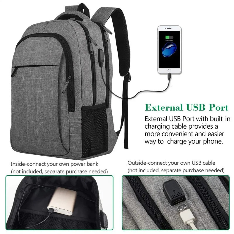 Travel Laptop Backpack Business Sturdy Laptops Backpack with USB Charging Port Water Resistant Computer Bag for Men Women 241228