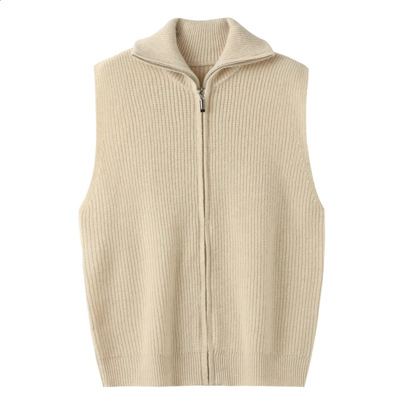 Women Cashmere Waistcoat Zippers Mock Neck Sweater Cardigan Autumn Winter 100% Merino Wool Knitted Striped Sleeveless Thick Vest 241228
