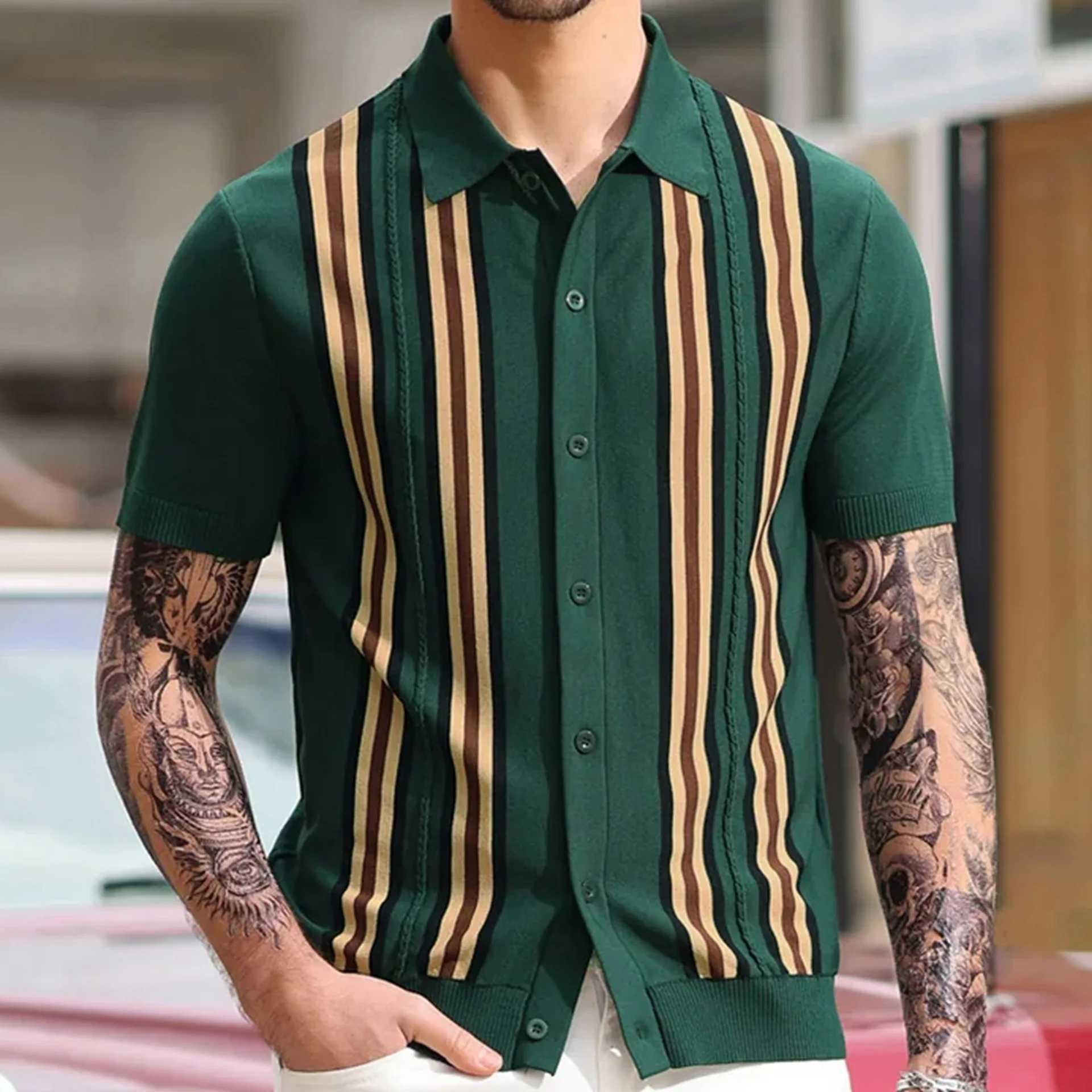 Mens summer green striped short sleeved business shirt shirt mens sweater X241228