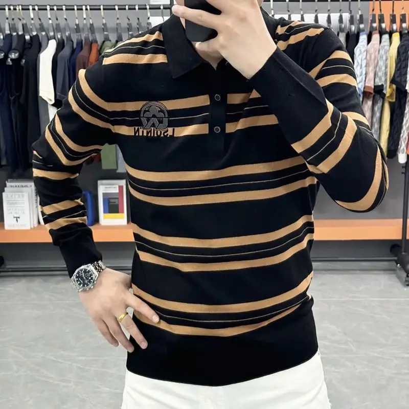 Trend Fashion England Men shirt Shirts Spring Autumn New Lapel Striped Contrast Color Luxury Casual Long Sleeve Sweatshirt Tops X241228