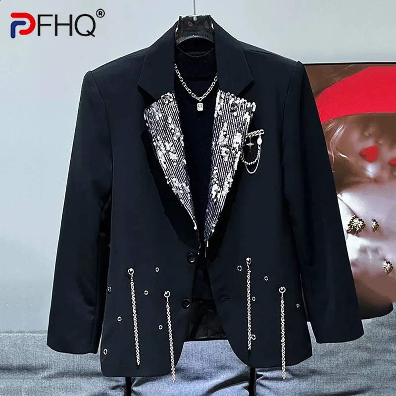 PFHQ mens jacket metal chain decoration sequin splicing autumn winter fashion version mens top 21Z6072 241227