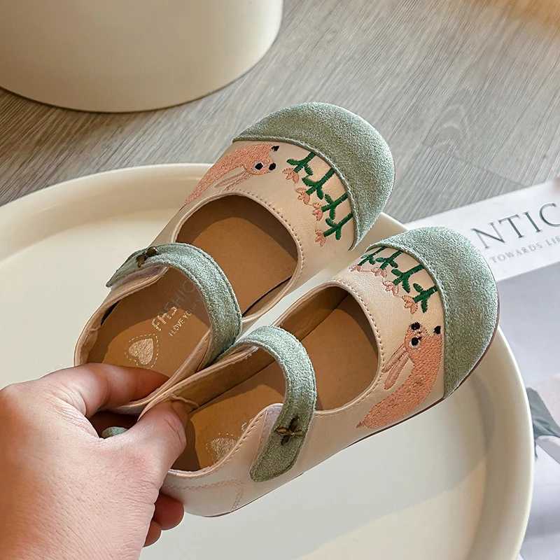 Spring Girls Princess Shoes Embroider Rabbit Cute Children Flat Shoe Patchwork Light Lovely Shallow Daily Kids Mary Janes 23-35 W241228