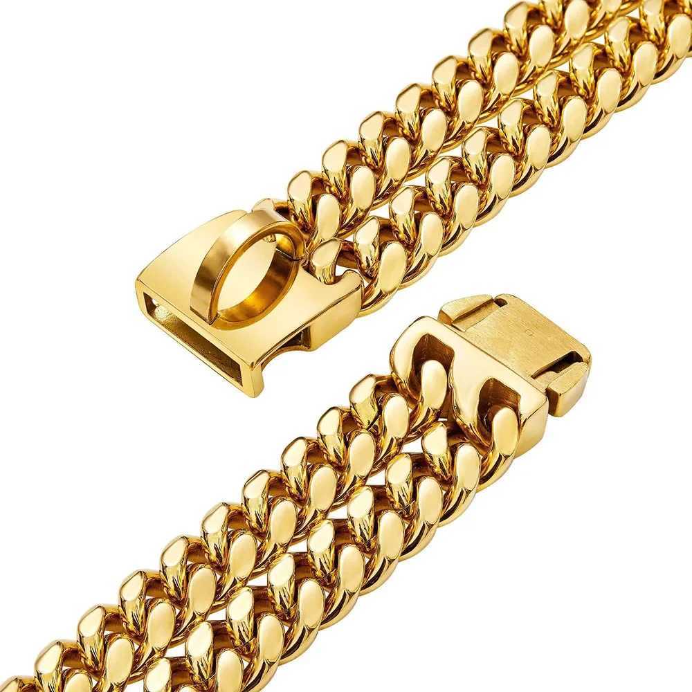 12mm Double Row Dog Chain Collar with Secure Buckle 18K Gold Cuban Link Strong Metal Collar for Big Dogs Pitbull German Shepherd M241228