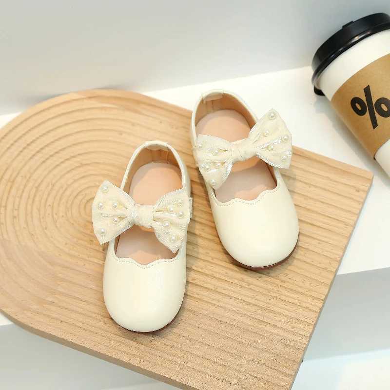 Childrens Mary Jens Pearl Bow Solid Color Girl Princess Shoes Light Sweet Unique Anti slip Preschool Flat Shoes 21-30 W241228